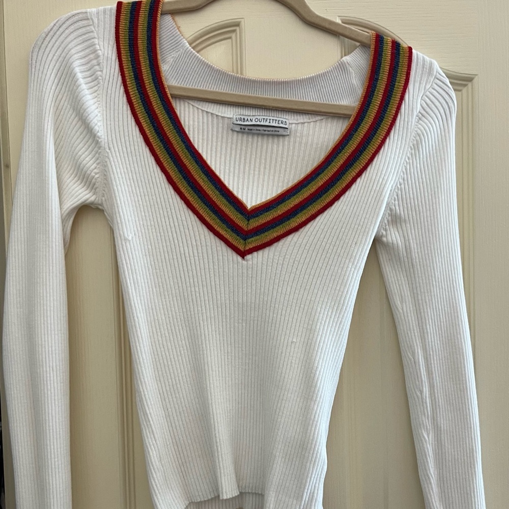 Urban Outfitters White long sleeve sweater with rainbow trim vneck